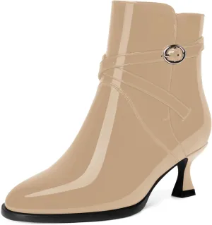 MODENCOCO Womens Dating Patent Dress Buckle Round Toe Ankle Strap Zip Kitten Low Heel Ankle High Boots 2 Inch