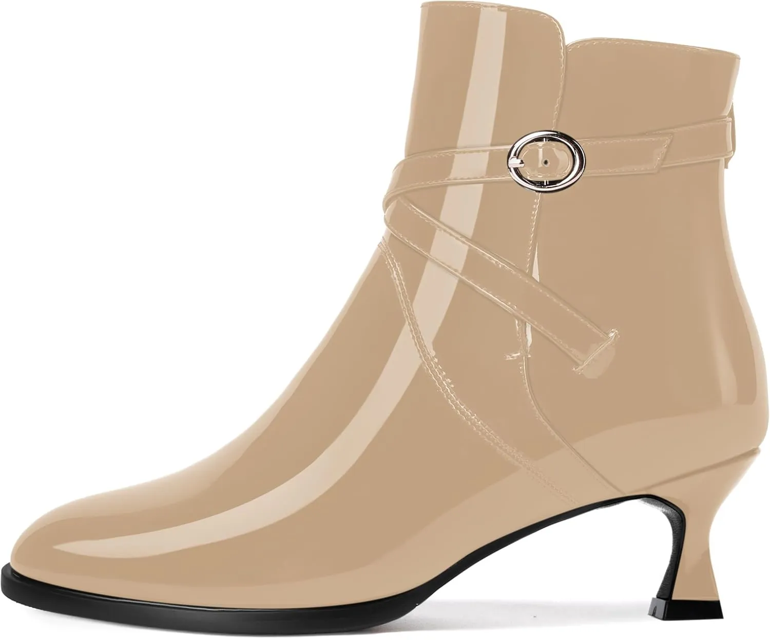 MODENCOCO Womens Dating Patent Dress Buckle Round Toe Ankle Strap Zip Kitten Low Heel Ankle High Boots 2 Inch