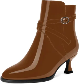 MODENCOCO Womens Dating Patent Dress Buckle Round Toe Ankle Strap Zip Kitten Low Heel Ankle High Boots 2 Inch