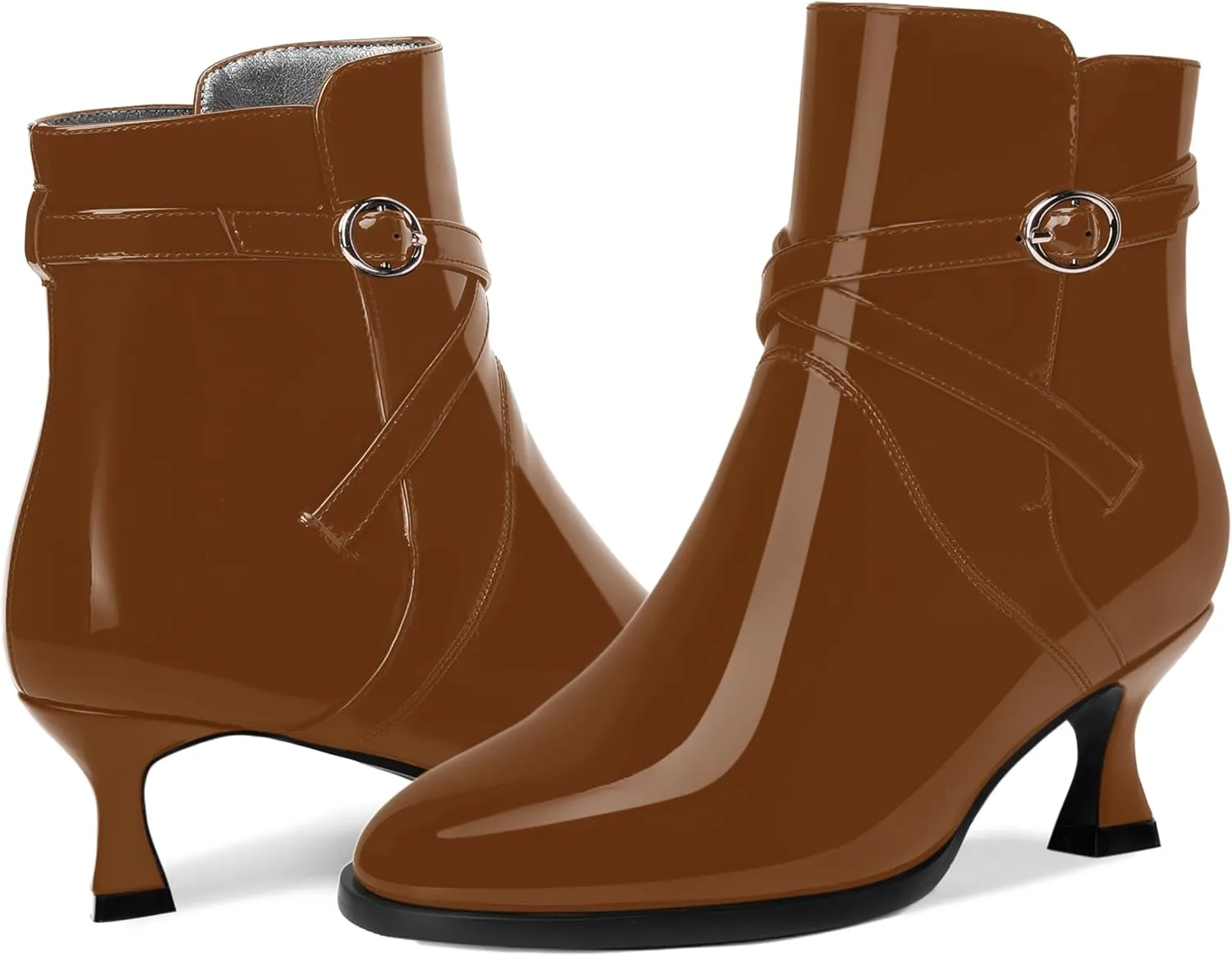MODENCOCO Womens Dating Patent Dress Buckle Round Toe Ankle Strap Zip Kitten Low Heel Ankle High Boots 2 Inch