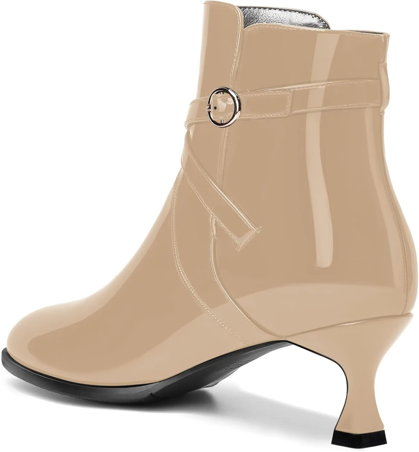 MODENCOCO Womens Dating Patent Dress Buckle Round Toe Ankle Strap Zip Kitten Low Heel Ankle High Boots 2 Inch