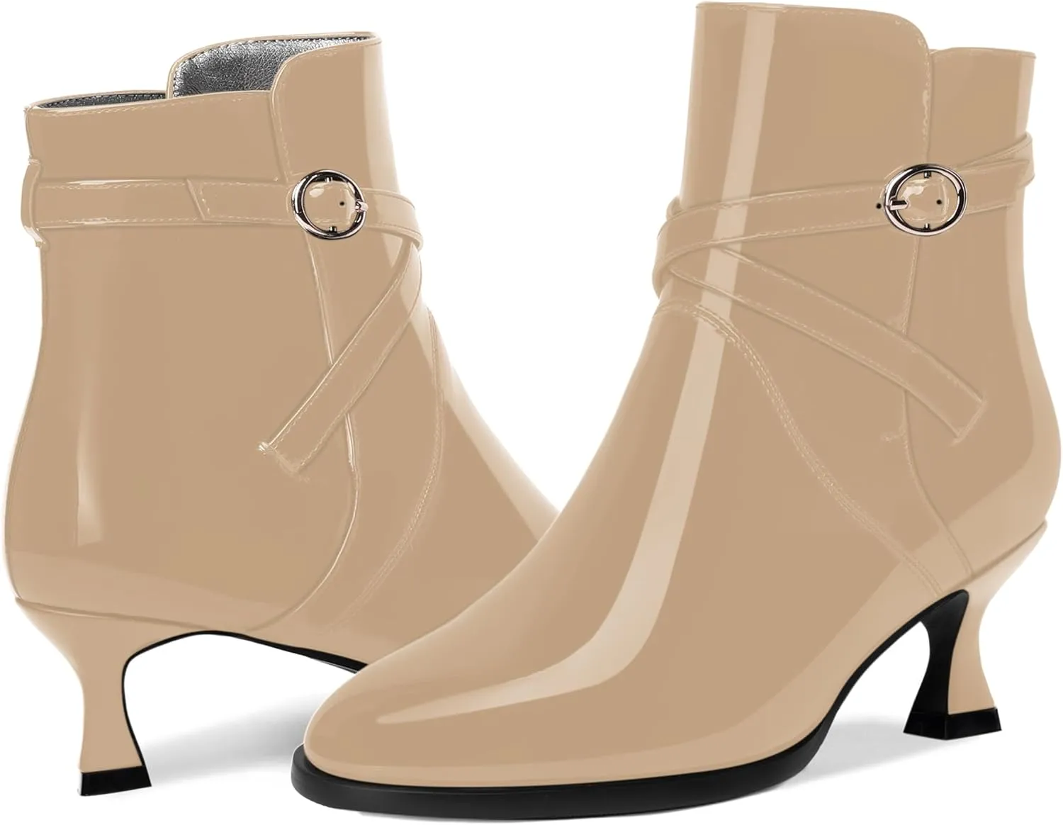 MODENCOCO Womens Dating Patent Dress Buckle Round Toe Ankle Strap Zip Kitten Low Heel Ankle High Boots 2 Inch
