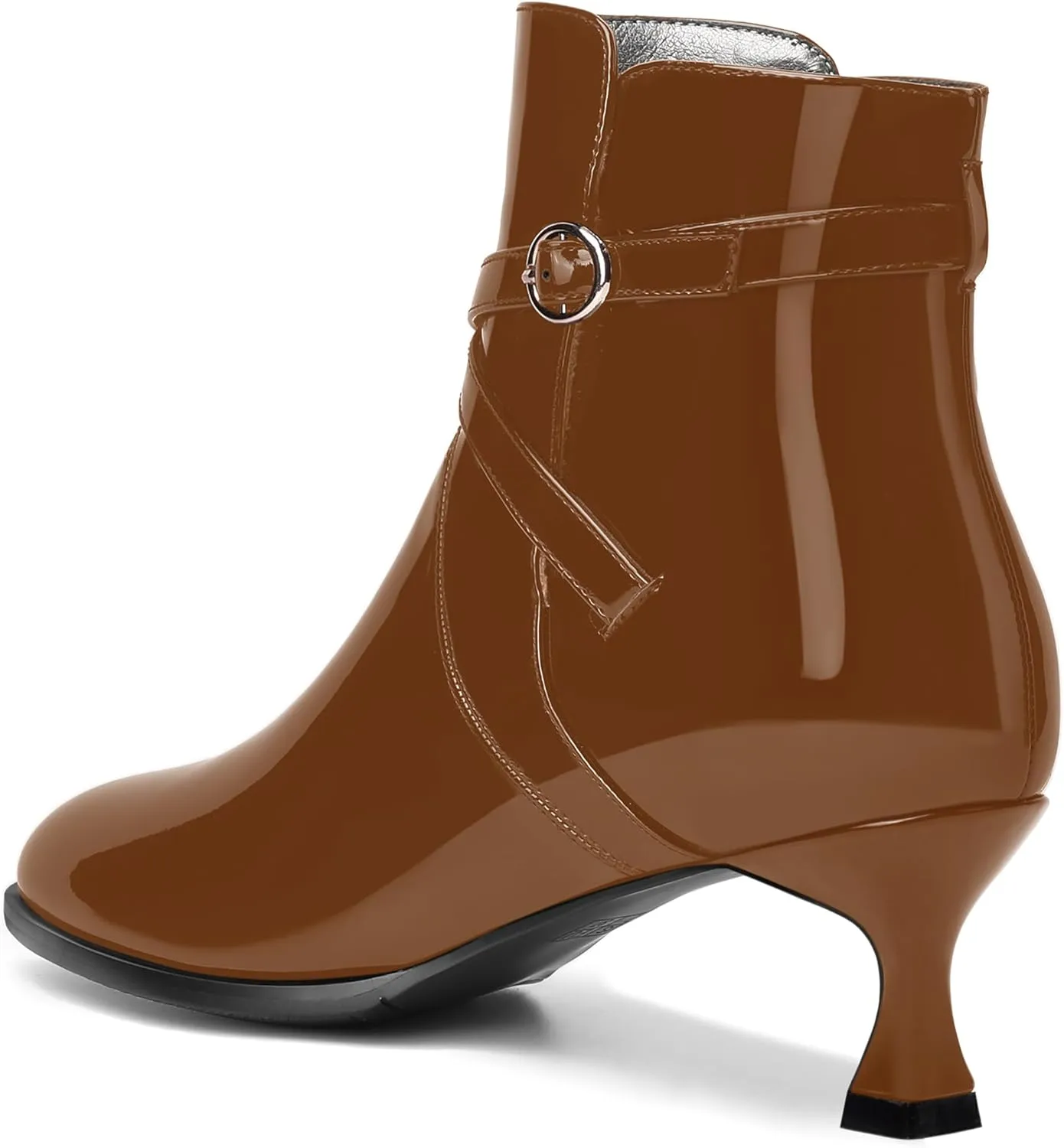 MODENCOCO Womens Dating Patent Dress Buckle Round Toe Ankle Strap Zip Kitten Low Heel Ankle High Boots 2 Inch