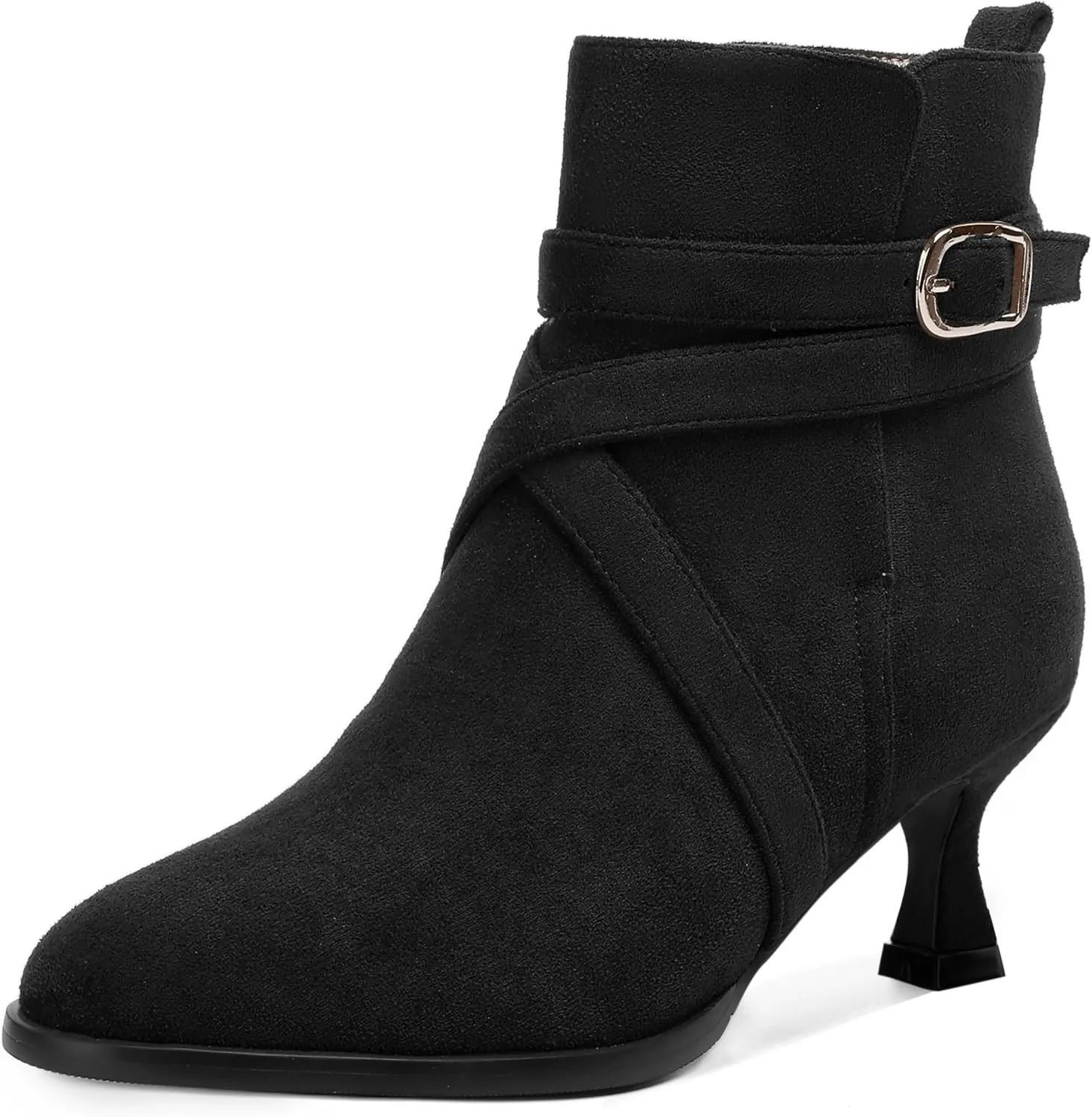 MODENCOCO Womens Dress Suede Round Toe Dating Ankle Strap Buckle Fashion Kitten Low Heel Ankle High Boots 2 Inch