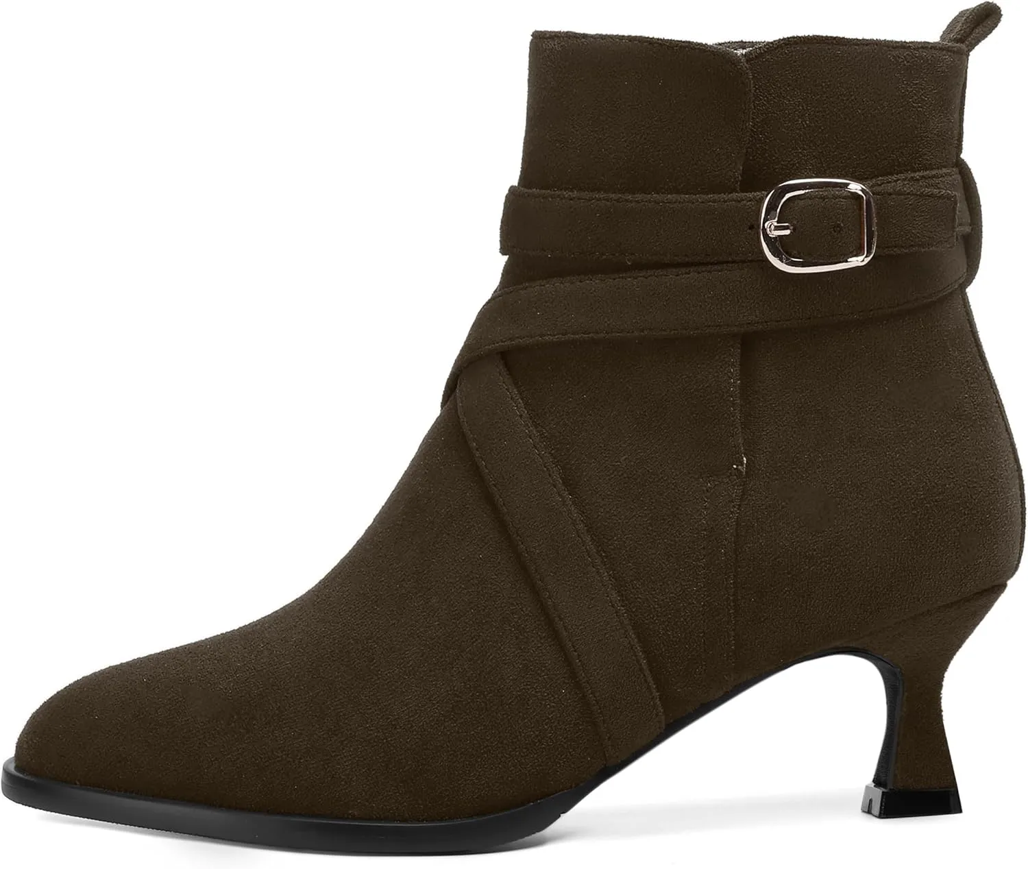 MODENCOCO Womens Dress Suede Round Toe Dating Ankle Strap Buckle Fashion Kitten Low Heel Ankle High Boots 2 Inch