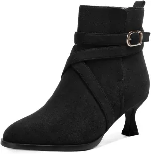 MODENCOCO Womens Dress Suede Round Toe Dating Ankle Strap Buckle Fashion Kitten Low Heel Ankle High Boots 2 Inch