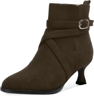 MODENCOCO Womens Dress Suede Round Toe Dating Ankle Strap Buckle Fashion Kitten Low Heel Ankle High Boots 2 Inch