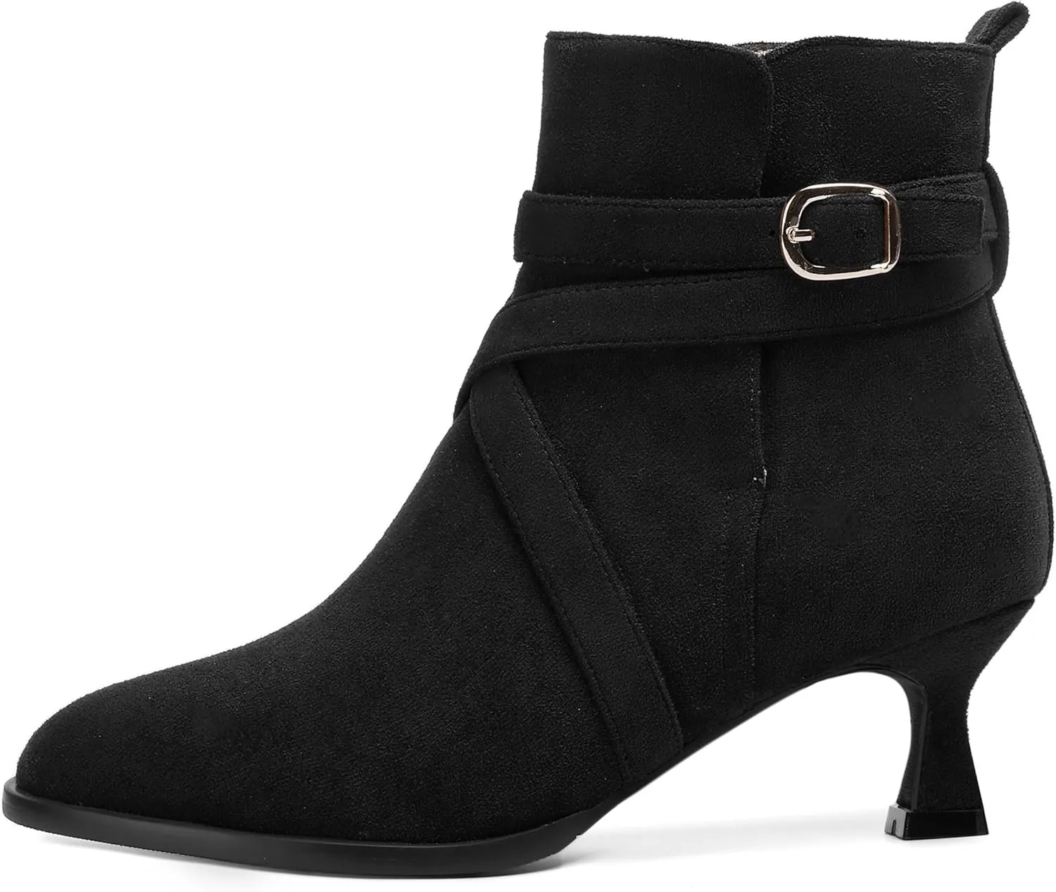MODENCOCO Womens Dress Suede Round Toe Dating Ankle Strap Buckle Fashion Kitten Low Heel Ankle High Boots 2 Inch