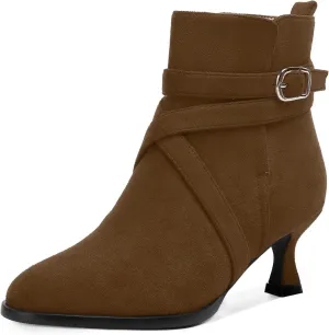 MODENCOCO Womens Dress Suede Round Toe Dating Ankle Strap Buckle Fashion Kitten Low Heel Ankle High Boots 2 Inch
