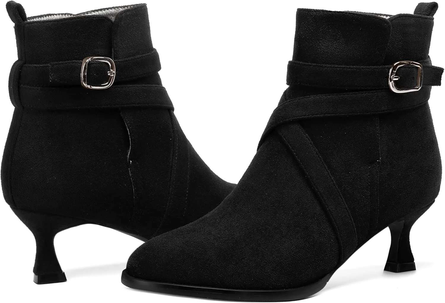 MODENCOCO Womens Dress Suede Round Toe Dating Ankle Strap Buckle Fashion Kitten Low Heel Ankle High Boots 2 Inch