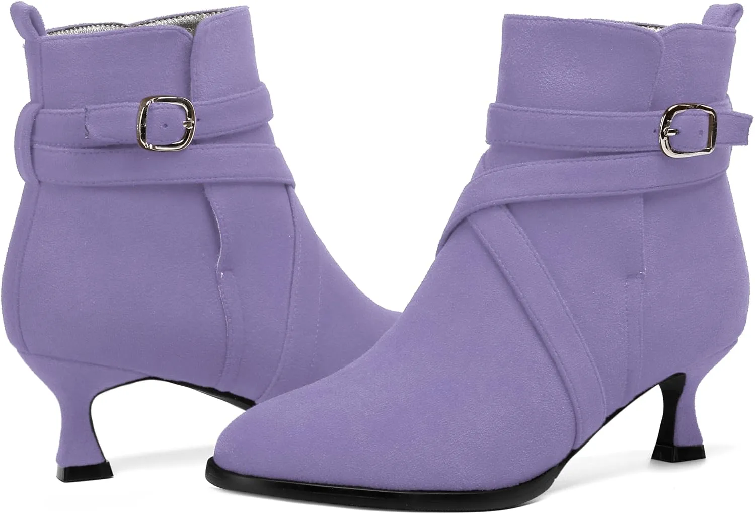 MODENCOCO Womens Dress Suede Round Toe Dating Ankle Strap Buckle Fashion Kitten Low Heel Ankle High Boots 2 Inch