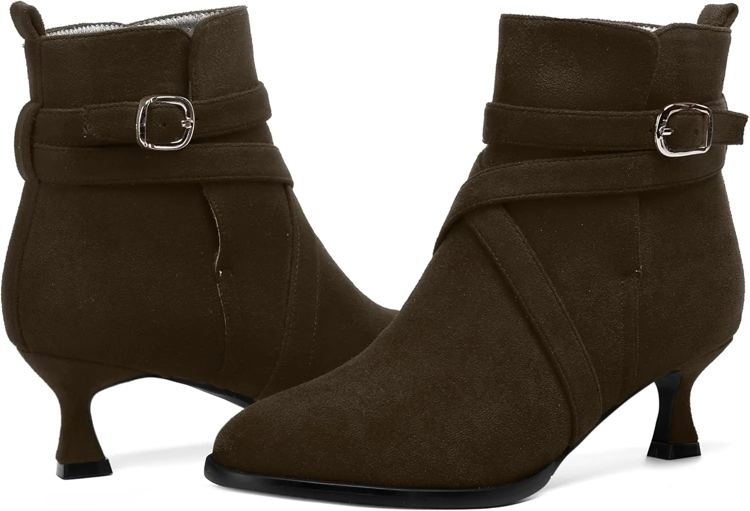 MODENCOCO Womens Dress Suede Round Toe Dating Ankle Strap Buckle Fashion Kitten Low Heel Ankle High Boots 2 Inch
