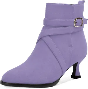 MODENCOCO Womens Dress Suede Round Toe Dating Ankle Strap Buckle Fashion Kitten Low Heel Ankle High Boots 2 Inch
