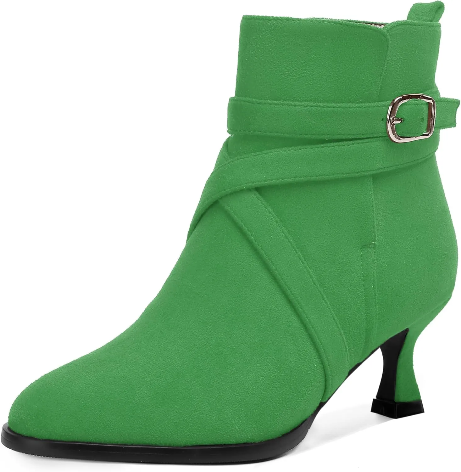 MODENCOCO Womens Dress Suede Round Toe Dating Ankle Strap Buckle Fashion Kitten Low Heel Ankle High Boots 2 Inch
