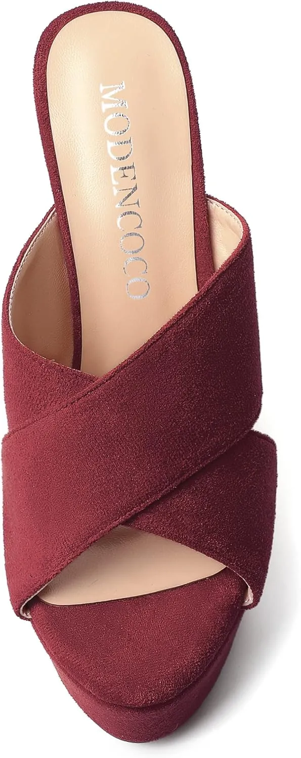 MODENCOCO Womens Platform Sexy Slip On Casual Open Toe Slide Suede Wedge High Heel Heeled Sandals 6 Inch