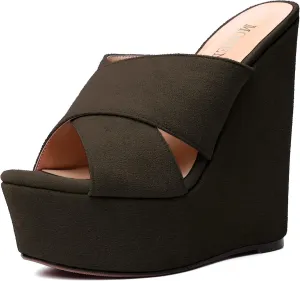 MODENCOCO Womens Platform Sexy Slip On Casual Open Toe Slide Suede Wedge High Heel Heeled Sandals 6 Inch