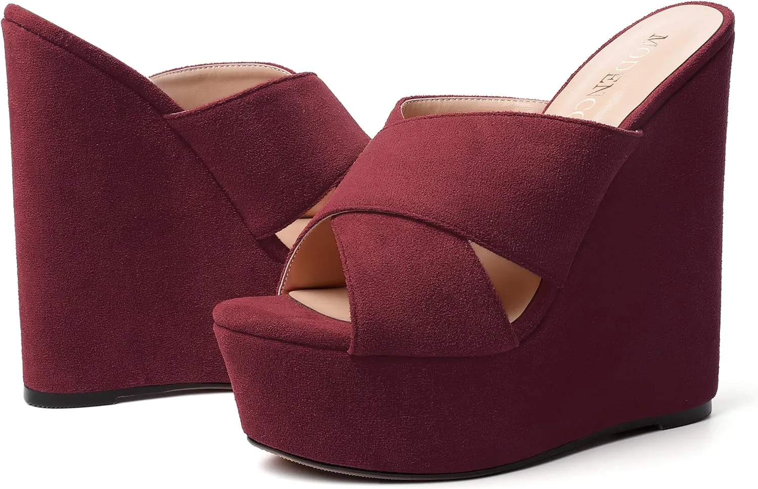 MODENCOCO Womens Platform Sexy Slip On Casual Open Toe Slide Suede Wedge High Heel Heeled Sandals 6 Inch