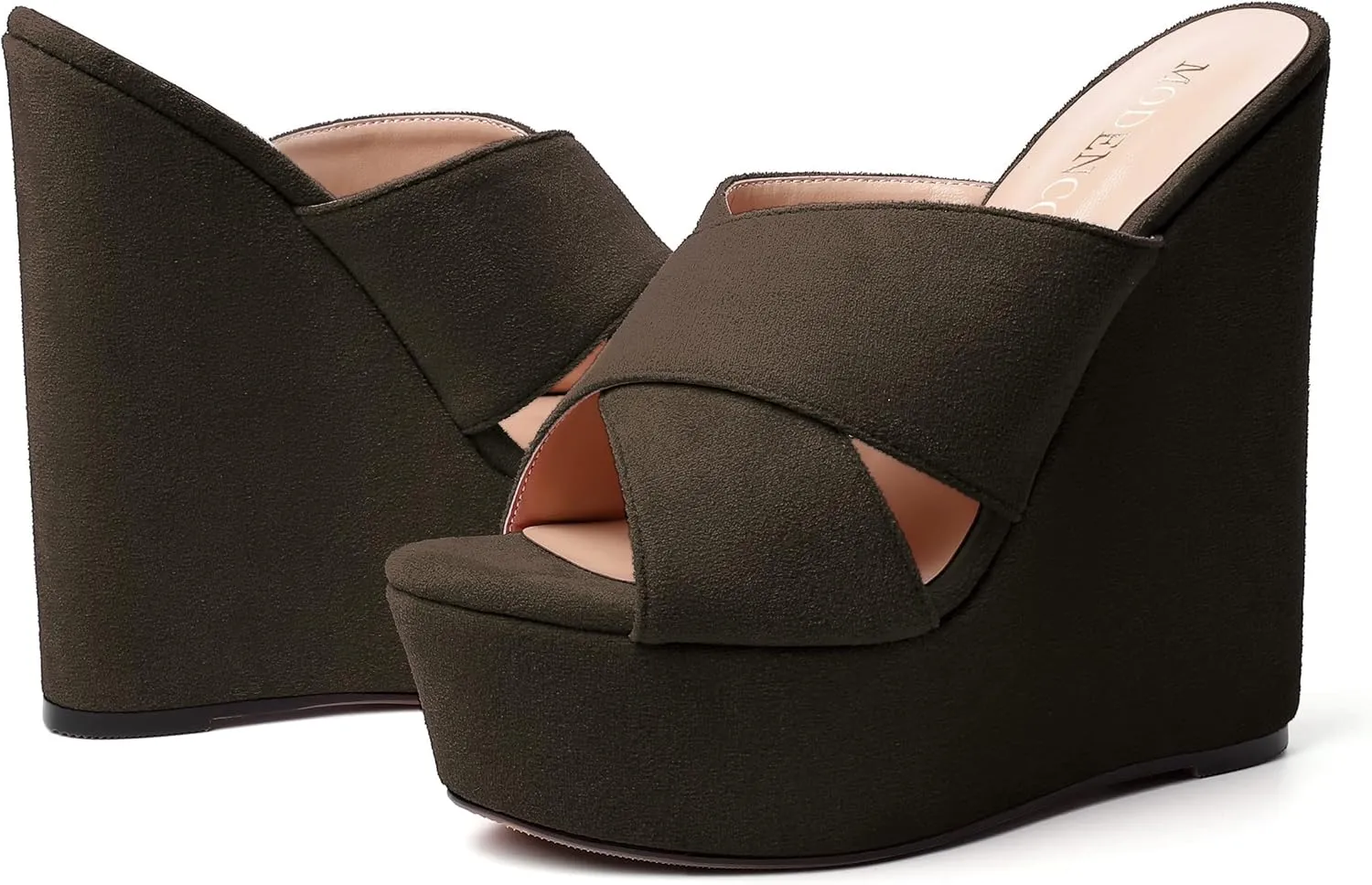 MODENCOCO Womens Platform Sexy Slip On Casual Open Toe Slide Suede Wedge High Heel Heeled Sandals 6 Inch