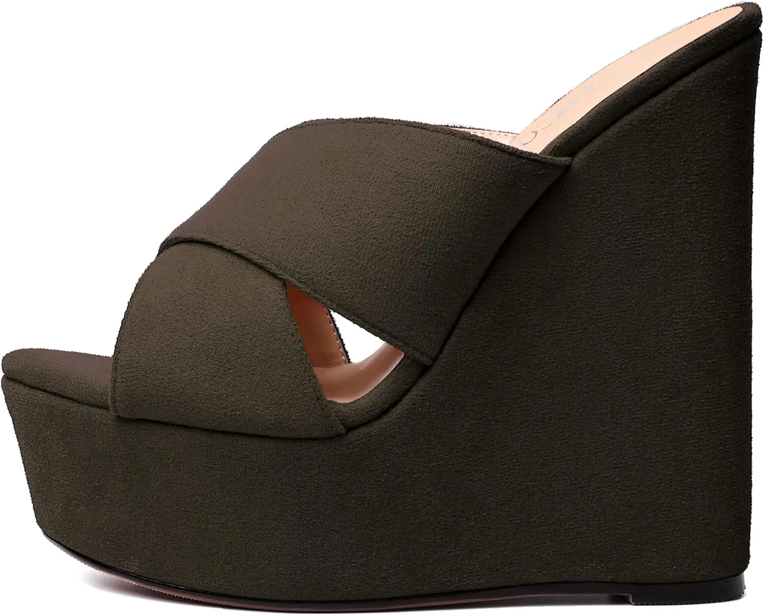 MODENCOCO Womens Platform Sexy Slip On Casual Open Toe Slide Suede Wedge High Heel Heeled Sandals 6 Inch