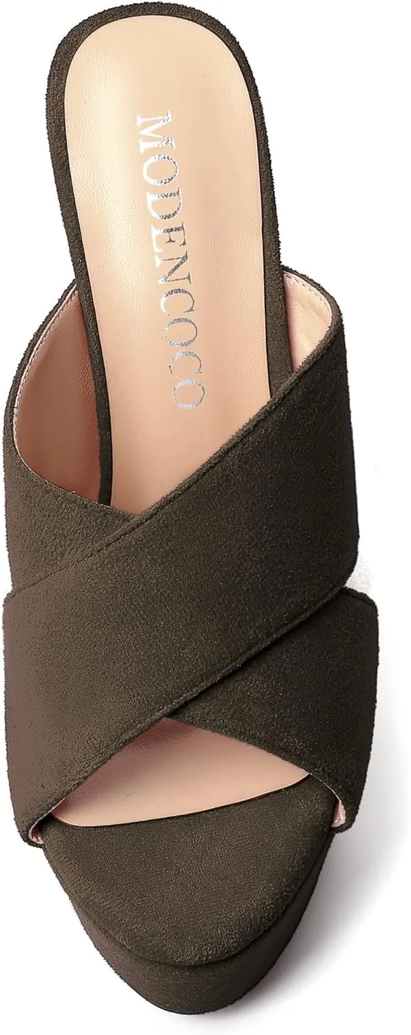 MODENCOCO Womens Platform Sexy Slip On Casual Open Toe Slide Suede Wedge High Heel Heeled Sandals 6 Inch