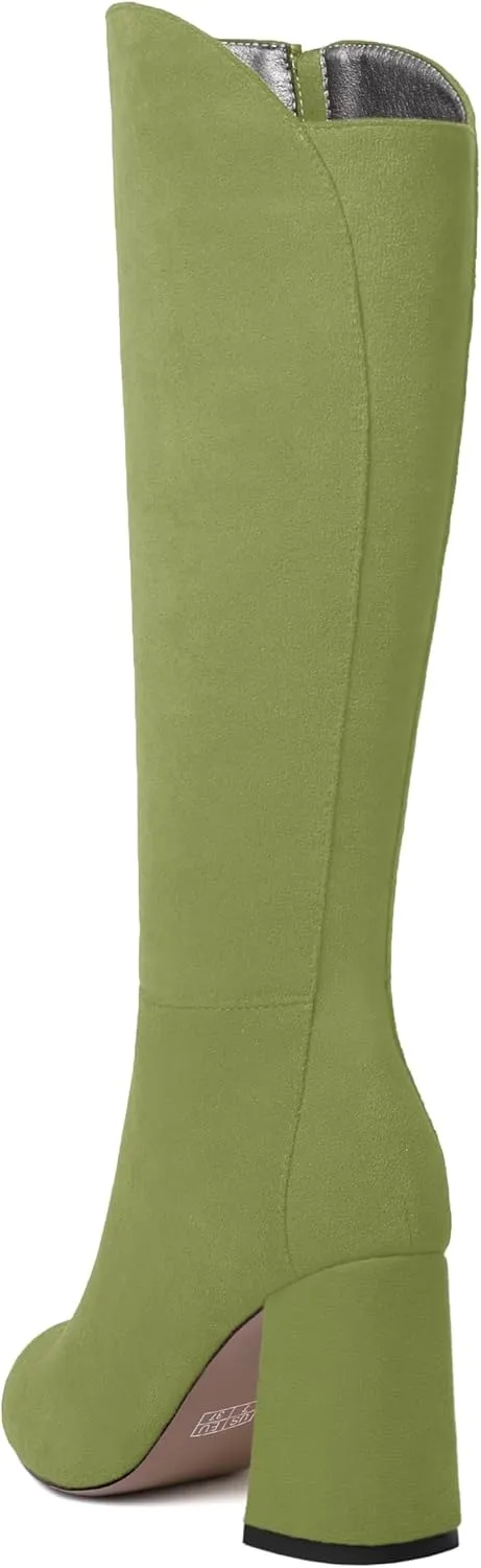 MODENCOCO Womens Round Toe Suede Comfortable Sexy Evening Zip Block High Heel Knee High Boots 3.3 Inch