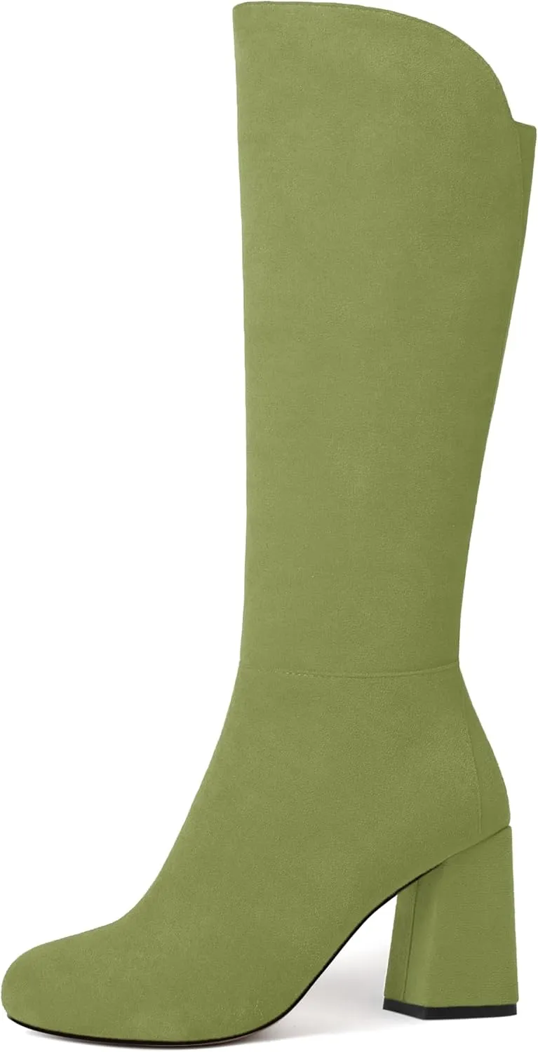 MODENCOCO Womens Round Toe Suede Comfortable Sexy Evening Zip Block High Heel Knee High Boots 3.3 Inch