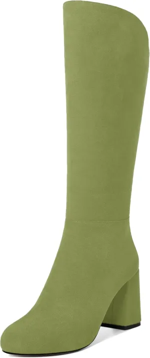 MODENCOCO Womens Round Toe Suede Comfortable Sexy Evening Zip Block High Heel Knee High Boots 3.3 Inch