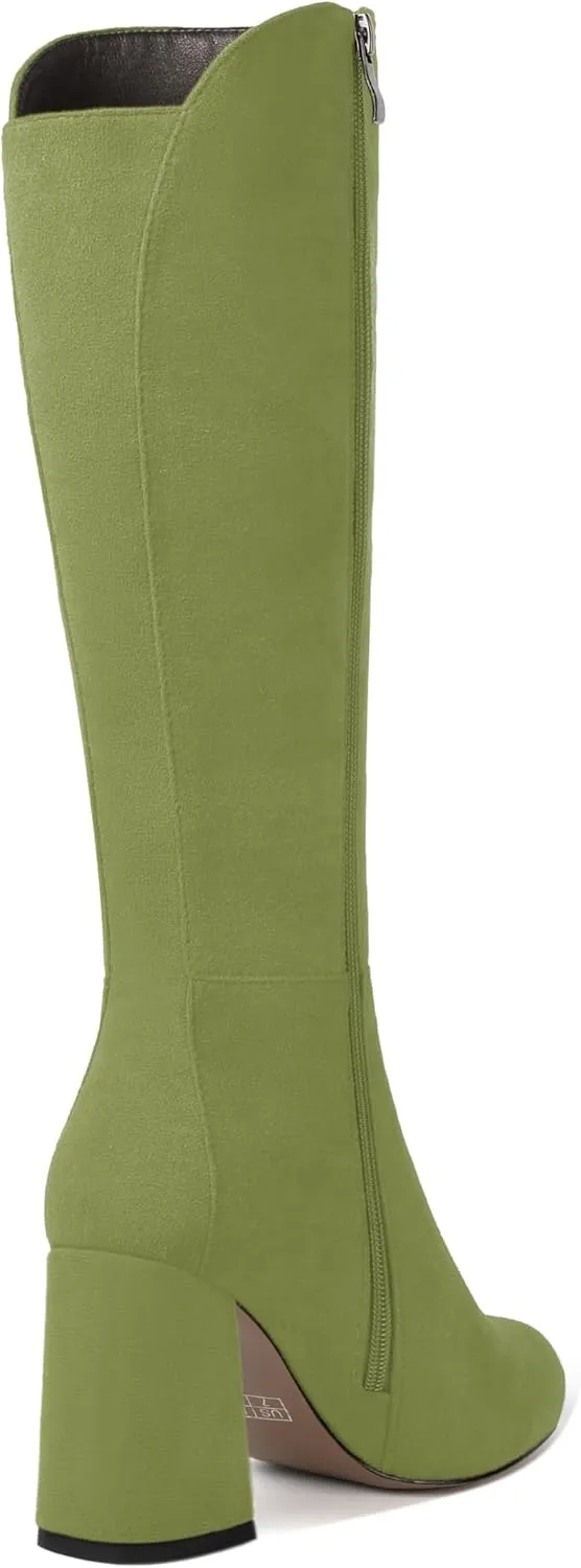 MODENCOCO Womens Round Toe Suede Comfortable Sexy Evening Zip Block High Heel Knee High Boots 3.3 Inch
