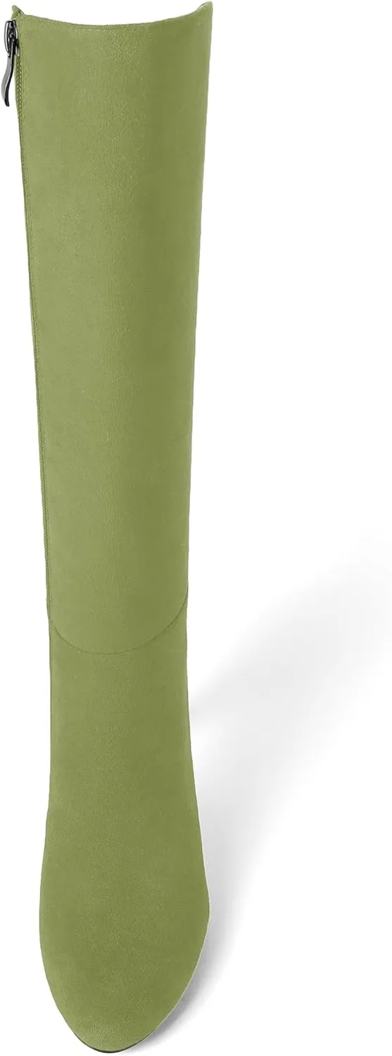 MODENCOCO Womens Round Toe Suede Comfortable Sexy Evening Zip Block High Heel Knee High Boots 3.3 Inch