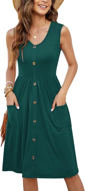 MOLERANI Women Summer Dresses Sleeveless Casual Loose Swing Button Down Midi Dress with Pockets