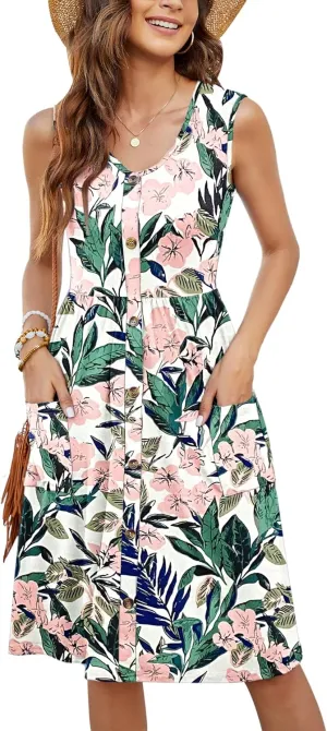 MOLERANI Women Summer Dresses Sleeveless Casual Loose Swing Button Down Midi Dress with Pockets