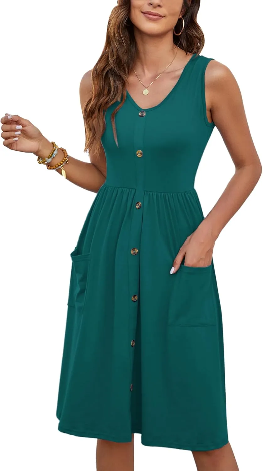 MOLERANI Women Summer Dresses Sleeveless Casual Loose Swing Button Down Midi Dress with Pockets
