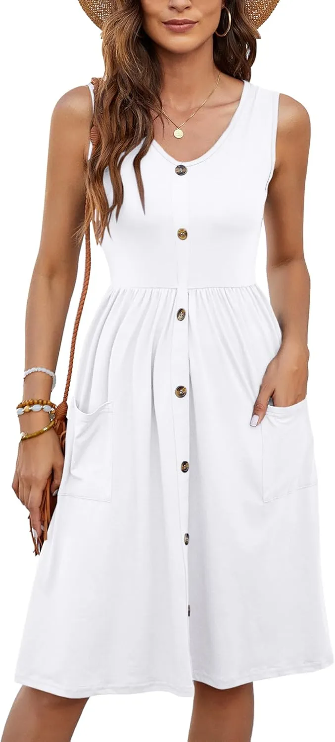 MOLERANI Women Summer Dresses Sleeveless Casual Loose Swing Button Down Midi Dress with Pockets