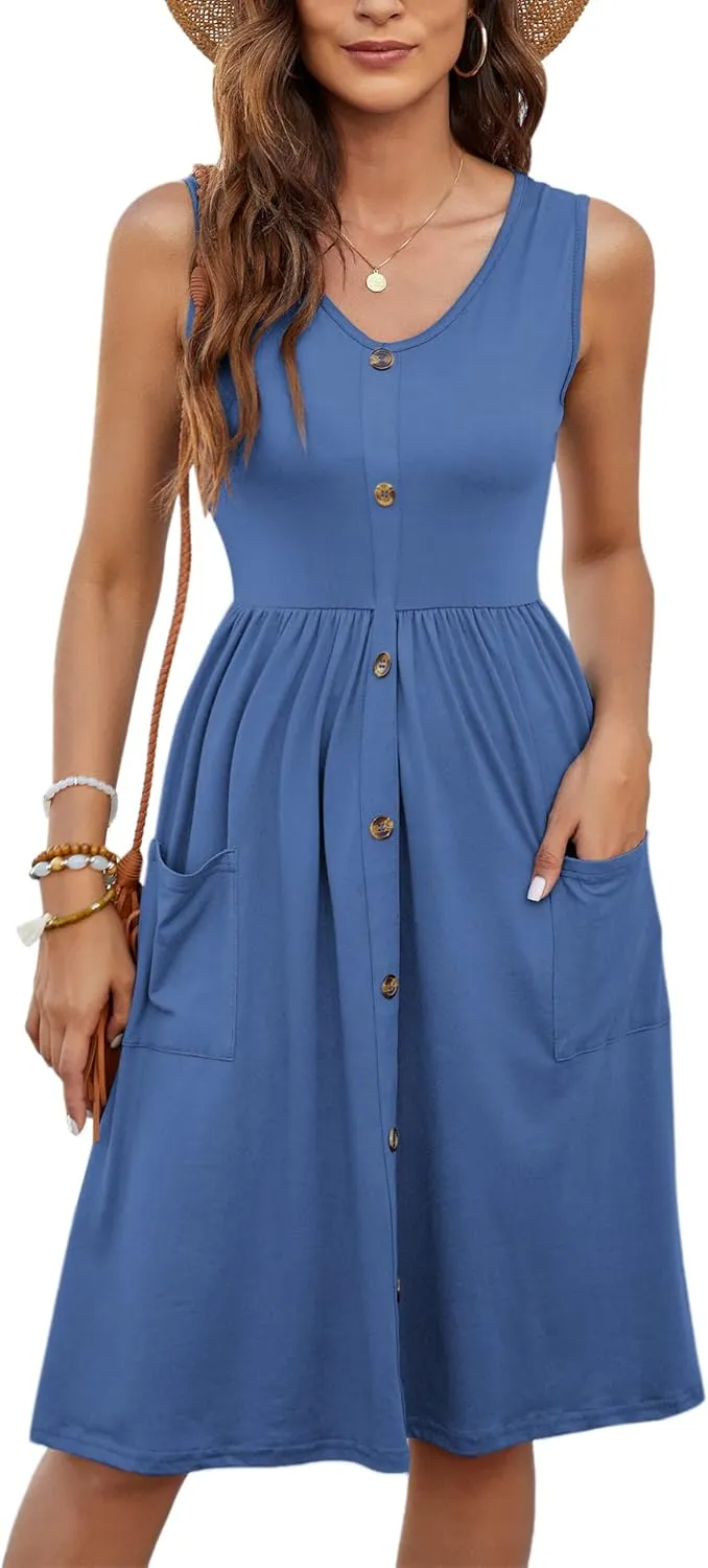 MOLERANI Women Summer Dresses Sleeveless Casual Loose Swing Button Down Midi Dress with Pockets