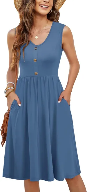 MOLERANI Women Summer Dresses Sleeveless Casual Loose Swing Button Down Midi Sundress with Pockets