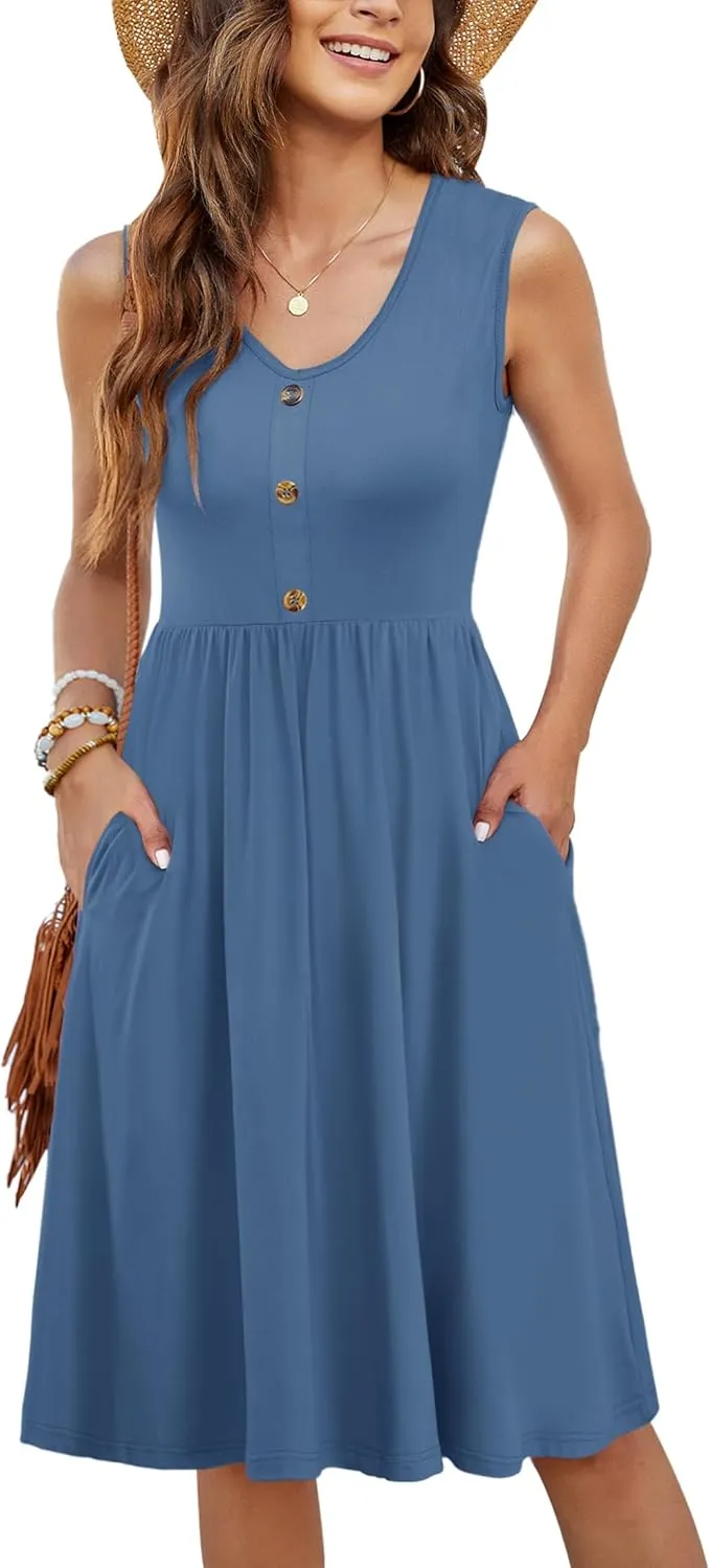 MOLERANI Women Summer Dresses Sleeveless Casual Loose Swing Button Down Midi Sundress with Pockets