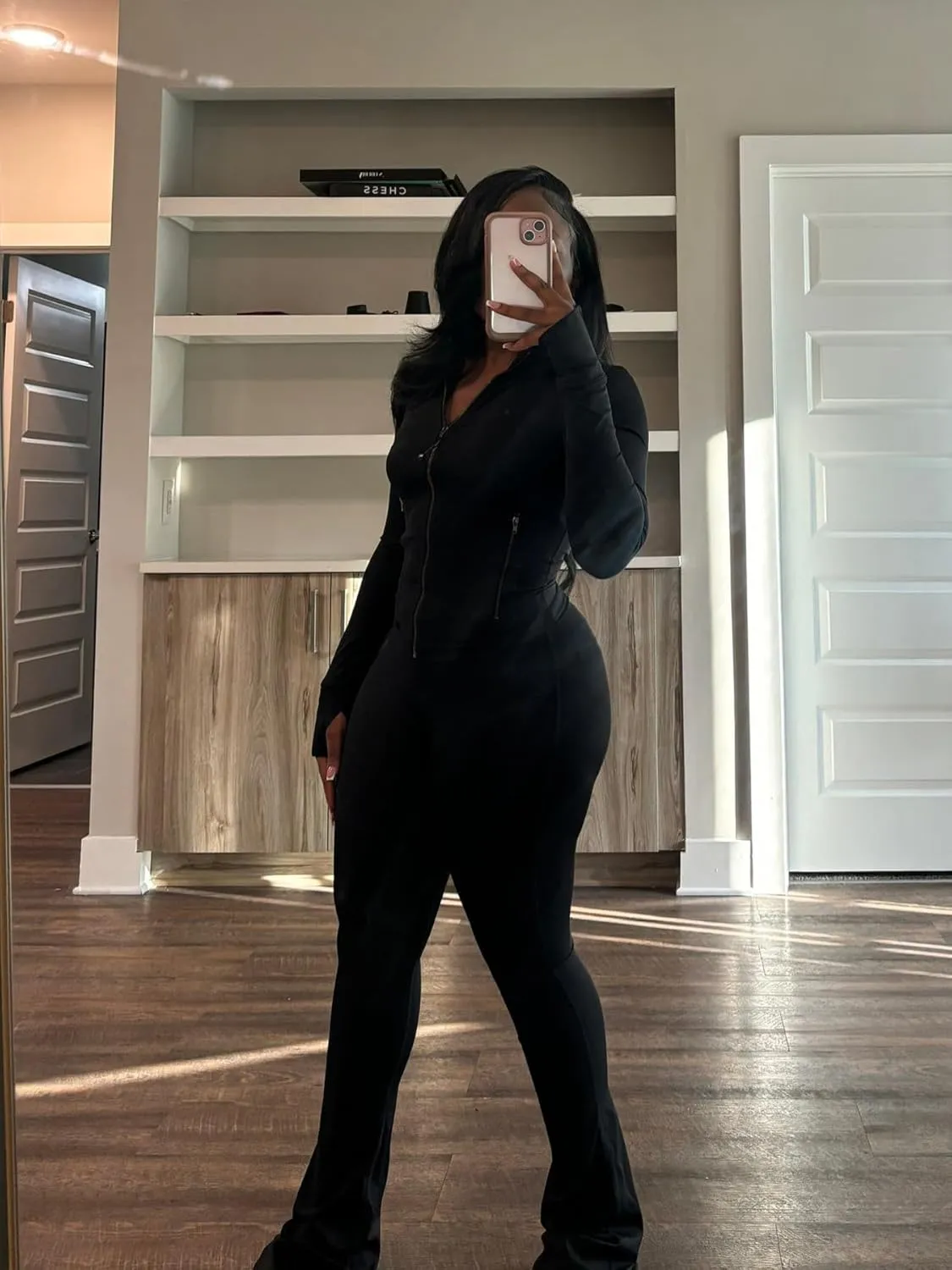 Molilove Womens 2 Piece Outfits Lounge Sweatsuit Set Long Sleeve Zipper Crop Jacket Long Flare Pants Tracksuits Workout Set