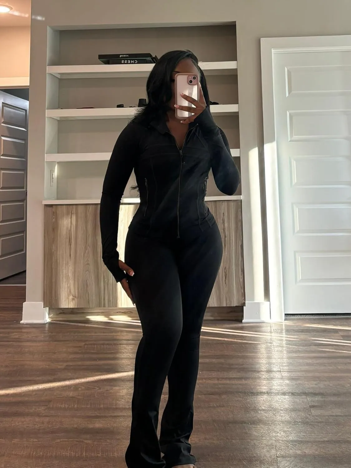Molilove Womens 2 Piece Outfits Lounge Sweatsuit Set Long Sleeve Zipper Crop Jacket Long Flare Pants Tracksuits Workout Set
