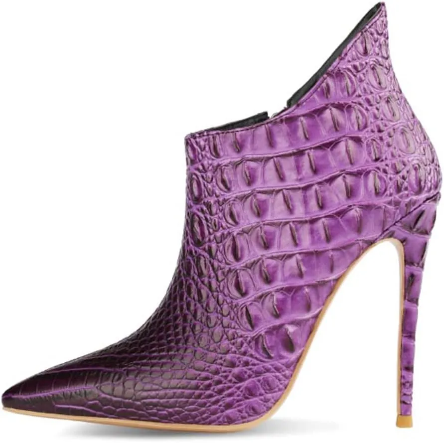 MOOMMO Vintage Pointed Toe Stiletto Heels Ankle Boots for Women Animal Print Side Zip 5 Inch High Heel Leopard Crocodile Boots Zipper Snakeskin Dress Boot Suede Booties Dressy Fashion Party 4-12 M US