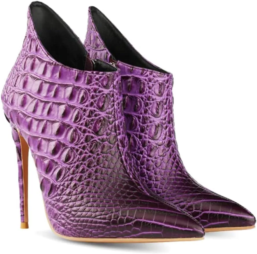 MOOMMO Vintage Pointed Toe Stiletto Heels Ankle Boots for Women Animal Print Side Zip 5 Inch High Heel Leopard Crocodile Boots Zipper Snakeskin Dress Boot Suede Booties Dressy Fashion Party 4-12 M US