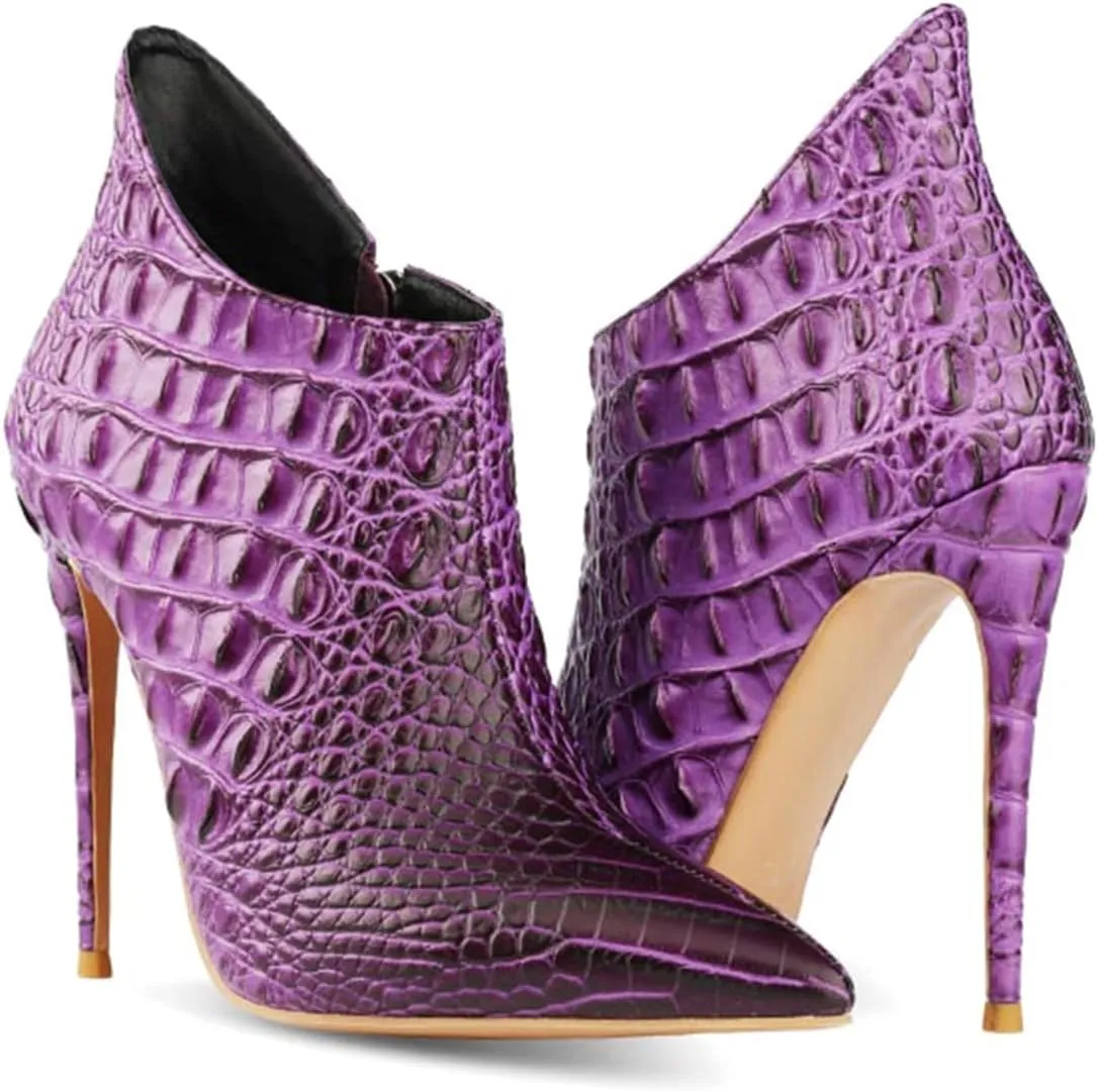 MOOMMO Vintage Pointed Toe Stiletto Heels Ankle Boots for Women Animal Print Side Zip 5 Inch High Heel Leopard Crocodile Boots Zipper Snakeskin Dress Boot Suede Booties Dressy Fashion Party 4-12 M US