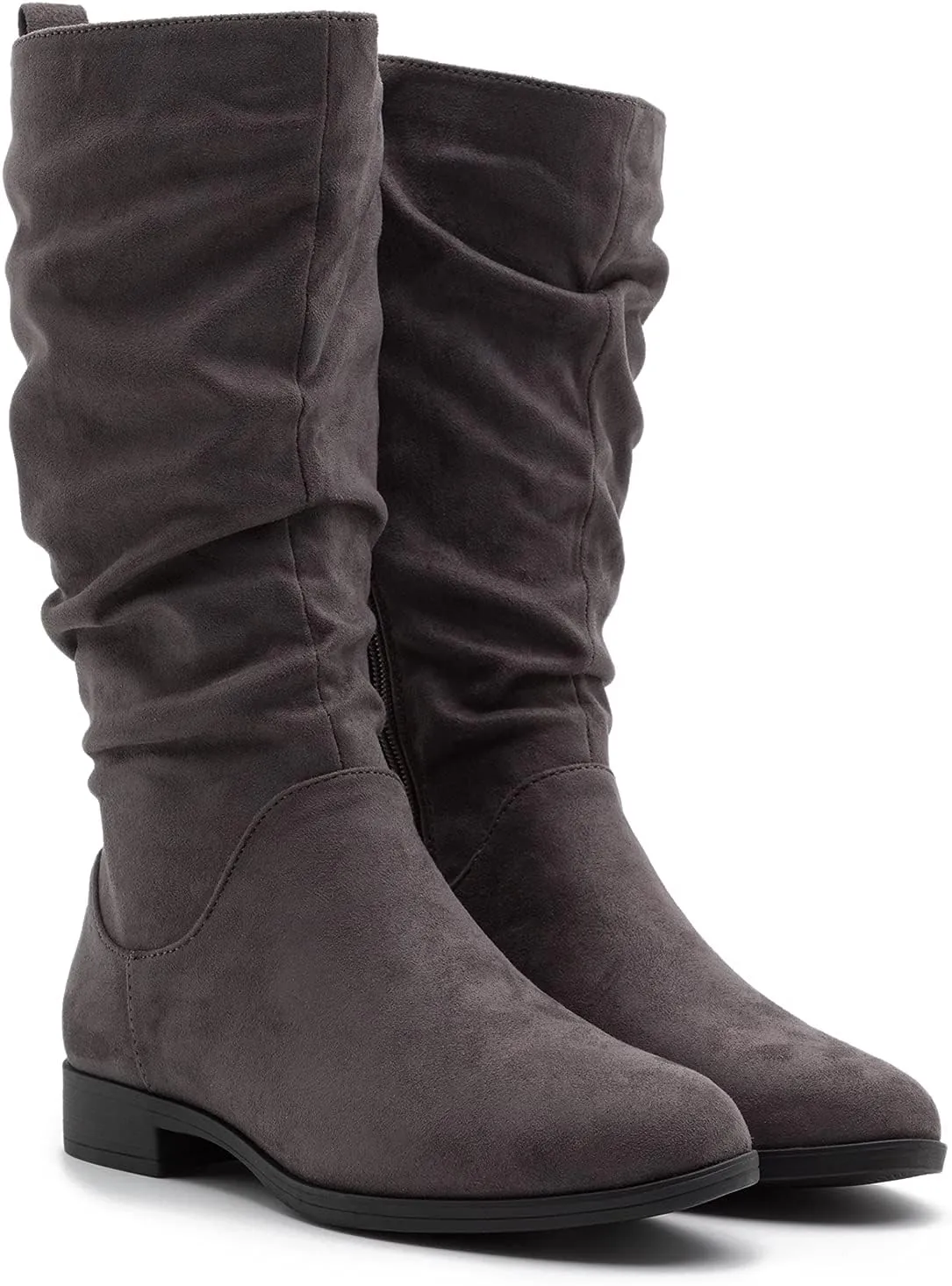 MOOMMO Women Mid Calf Slouch Boots Suede Calf High Boots Flats Flat Heel Long Boots Wide Calf Side Zipper Winter Boots Round Toe Flat Boots Retro Cute Casual Comfy Winter 4-13 M US