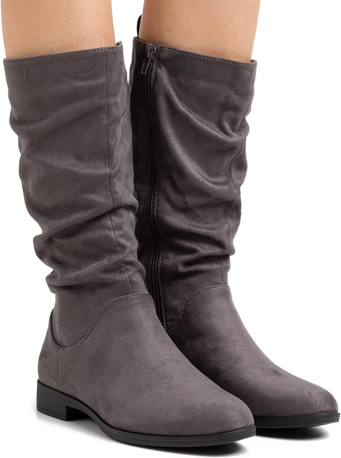 MOOMMO Women Mid Calf Slouch Boots Suede Calf High Boots Flats Flat Heel Long Boots Wide Calf Side Zipper Winter Boots Round Toe Flat Boots Retro Cute Casual Comfy Winter 4-13 M US