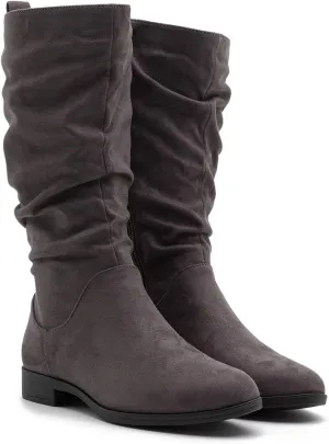 MOOMMO Women Mid Calf Slouch Boots Suede Calf High Boots Flats Flat Heel Long Boots Wide Calf Side Zipper Winter Boots Round Toe Flat Boots Retro Cute Casual Comfy Winter 4-13 M US