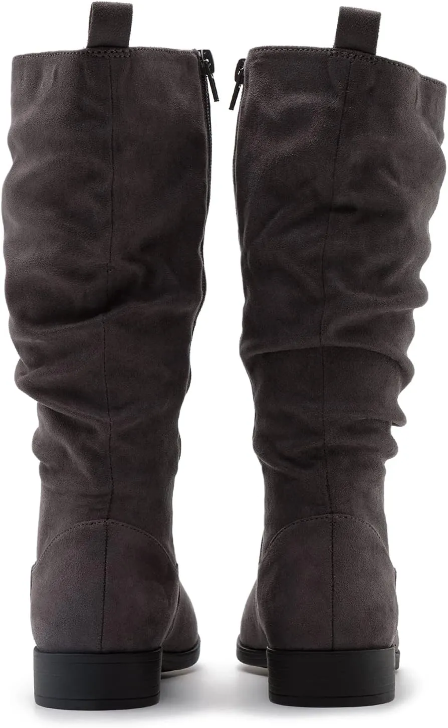 MOOMMO Women Mid Calf Slouch Boots Suede Calf High Boots Flats Flat Heel Long Boots Wide Calf Side Zipper Winter Boots Round Toe Flat Boots Retro Cute Casual Comfy Winter 4-13 M US