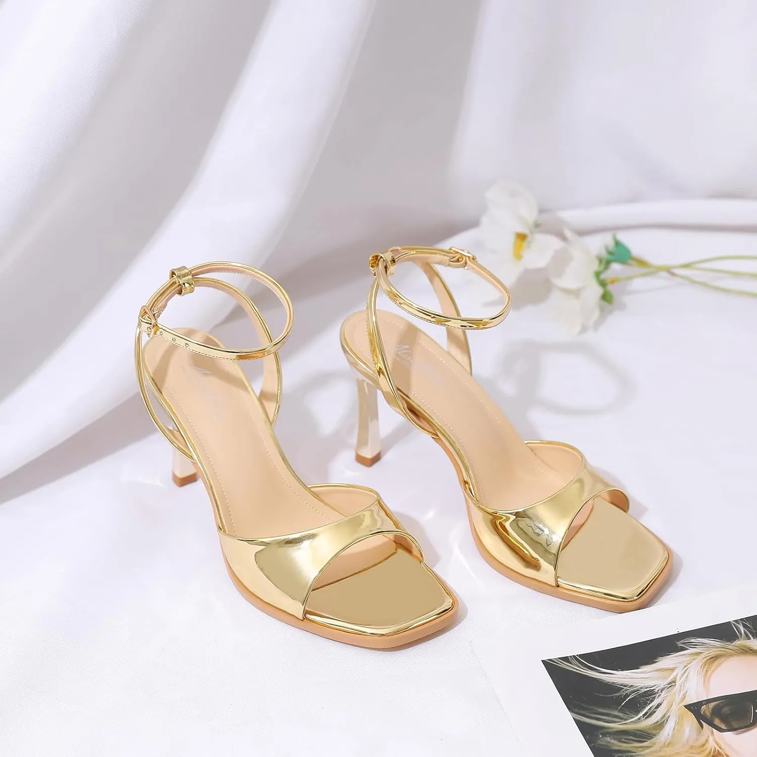 Mostrin Heels for Women Square Open Toe Heeled Sandals Ankle Strap Sexy Peep Toe High Heels for Party, Prom, Wedding Dressy Pumps Shoes