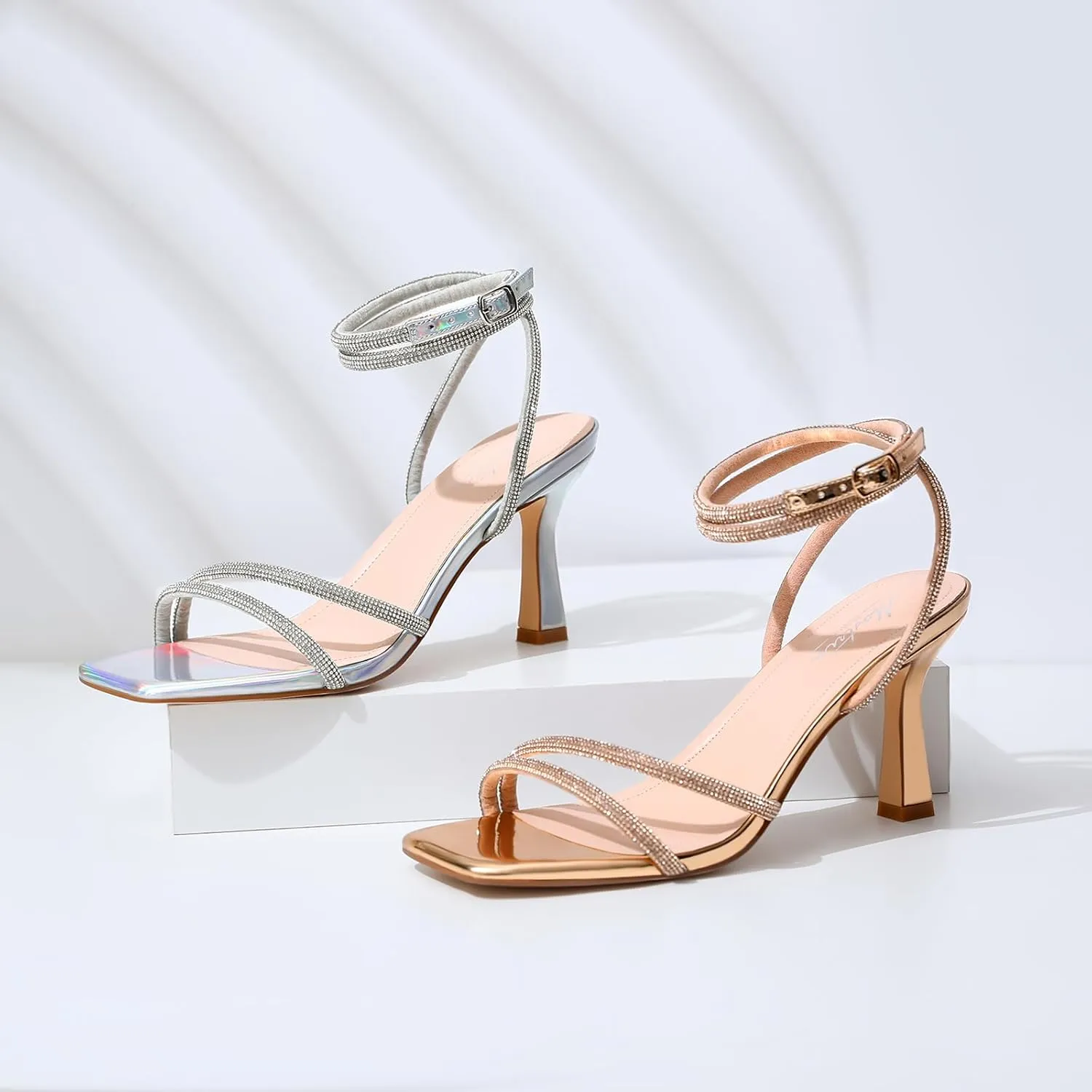 Mostrin Womens Sandals Strappy Heels for Women Ankle Strap Lace Up Heels Square Open Toe Heels Tie Up Stiletto High Heeled Sandals for Prom, Party, Daily Wear