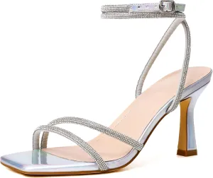 Mostrin Womens Sandals Strappy Heels for Women Ankle Strap Lace Up Heels Square Open Toe Heels Tie Up Stiletto High Heeled Sandals for Prom, Party, Daily Wear