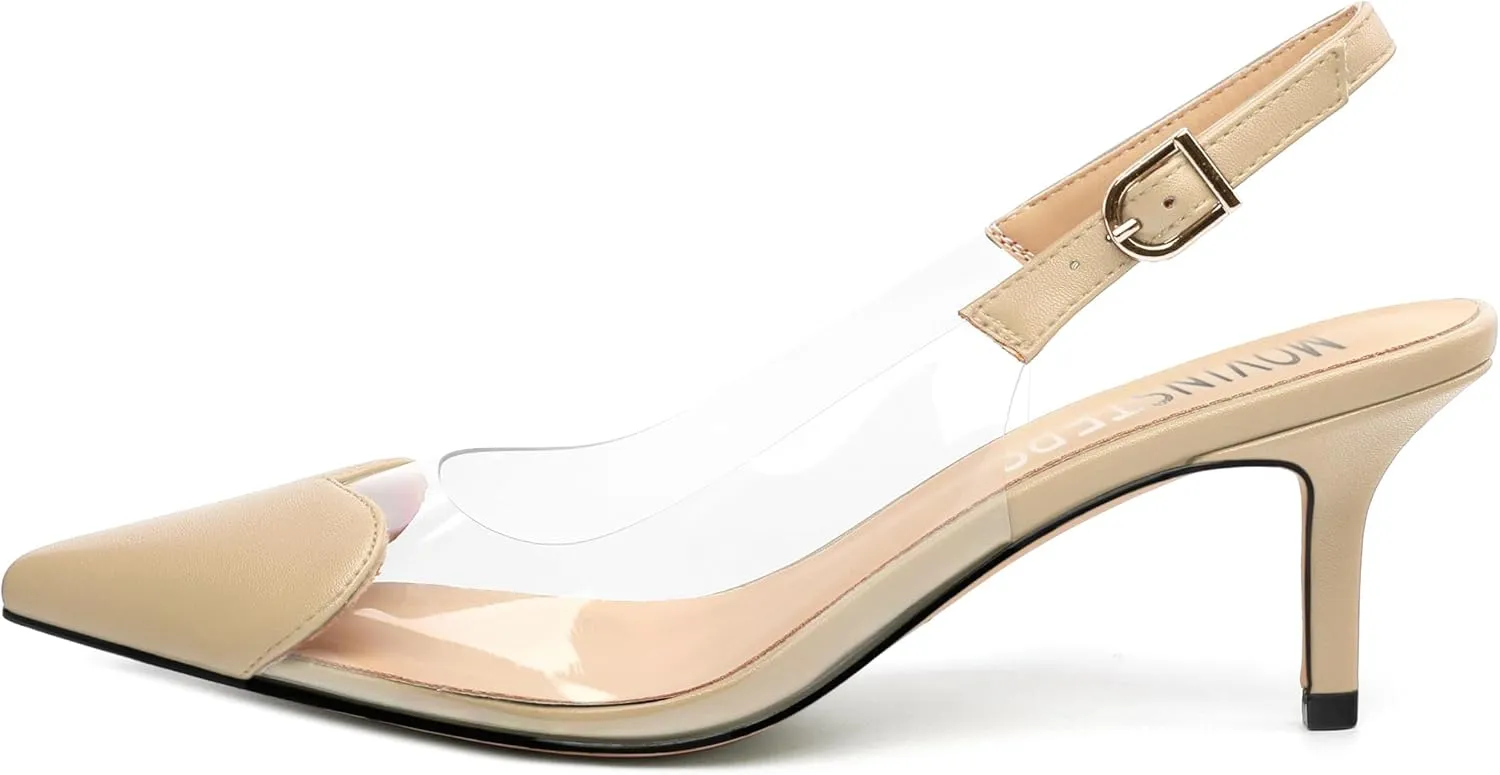 MOVINSTEPS Low kitten Heels for Women Clear Slingback Pointed Closed Toe Heeled Sandals Cute Elegant Sexy Dress Shoes 2.4 Inch