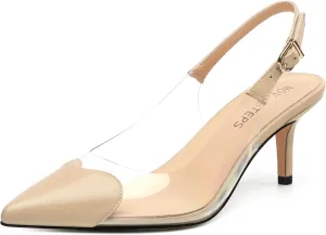 MOVINSTEPS Low kitten Heels for Women Clear Slingback Pointed Closed Toe Heeled Sandals Cute Elegant Sexy Dress Shoes 2.4 Inch